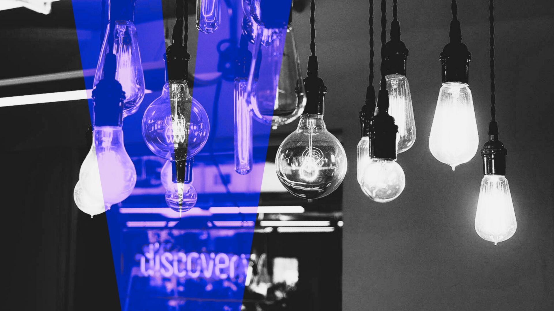 Mindgrub Ventures lightbulbs dangling over a neon sign of the word discovery